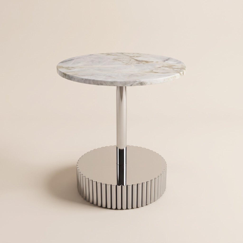 Small Round Marble Side Table in white and grey marble, studio view