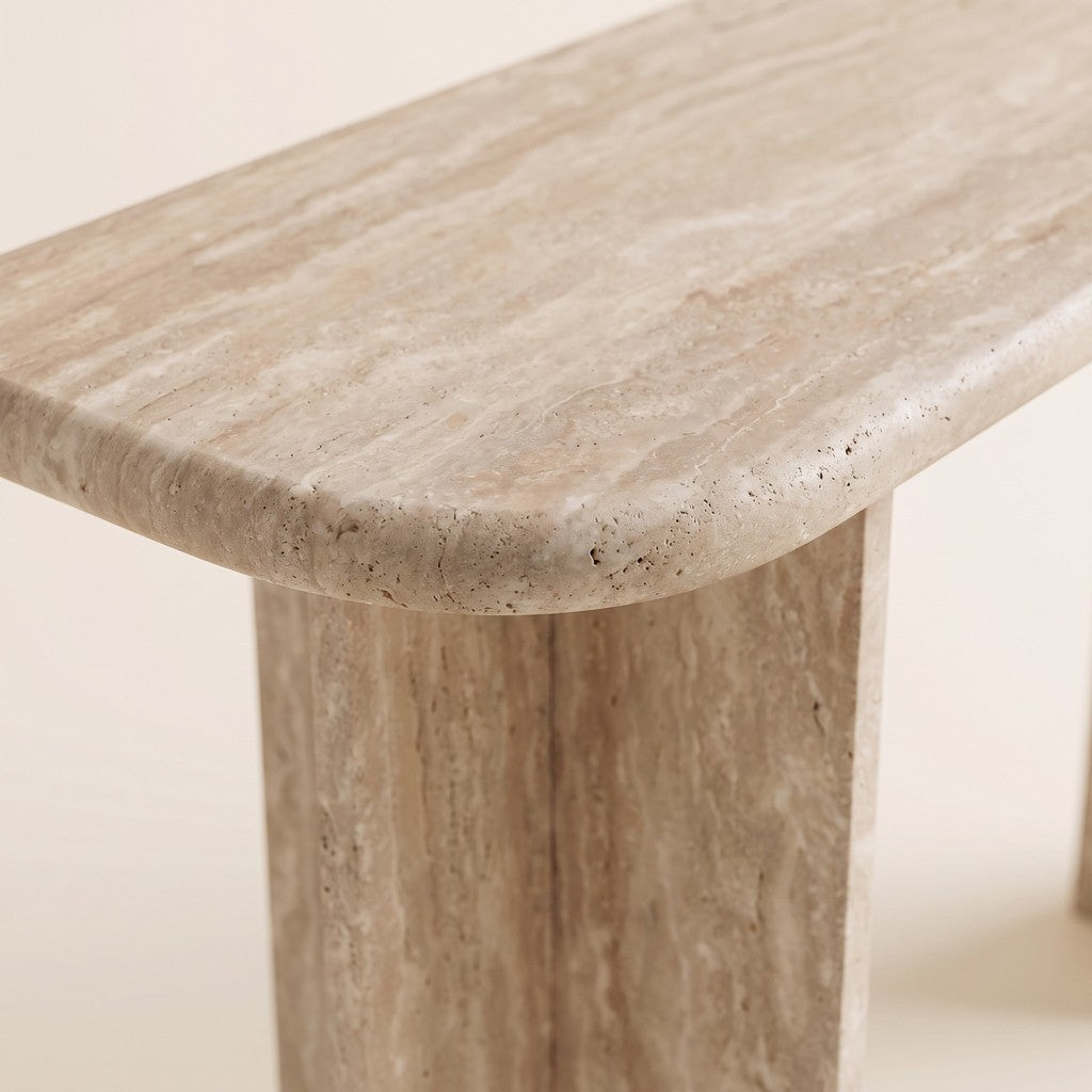 Split-Leg Travertine Console Table, edge detail
