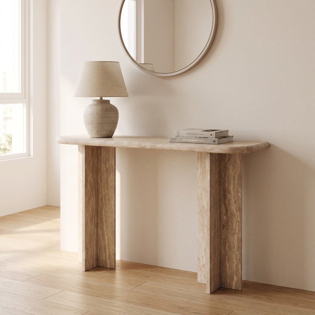 Split-Leg Travertine Console Table in an entryway