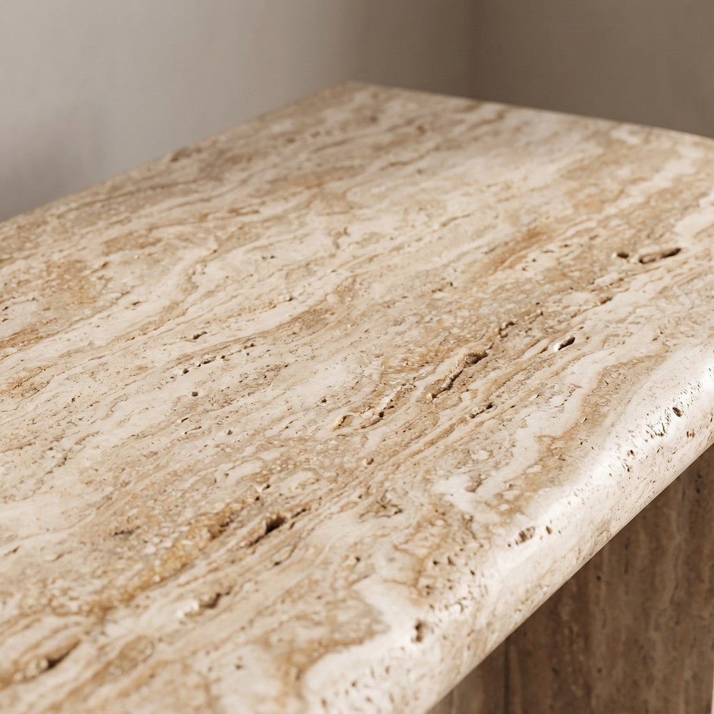 Split-Leg Travertine Console Table: close-up of the stone surface