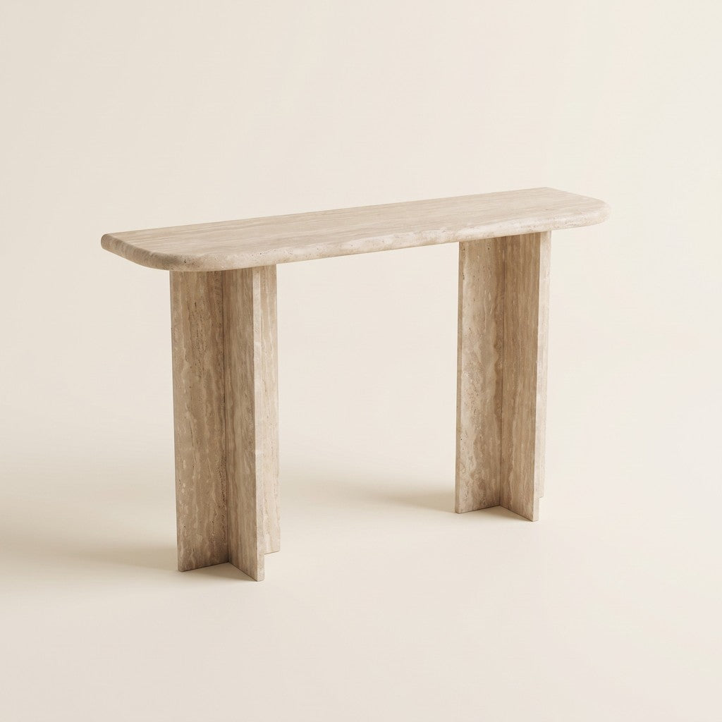 Split-Leg Travertine Console Table, studio view