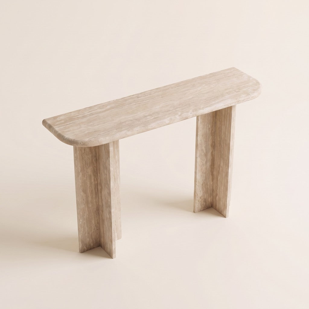 Split-Leg Travertine Console Table, three-quarter view