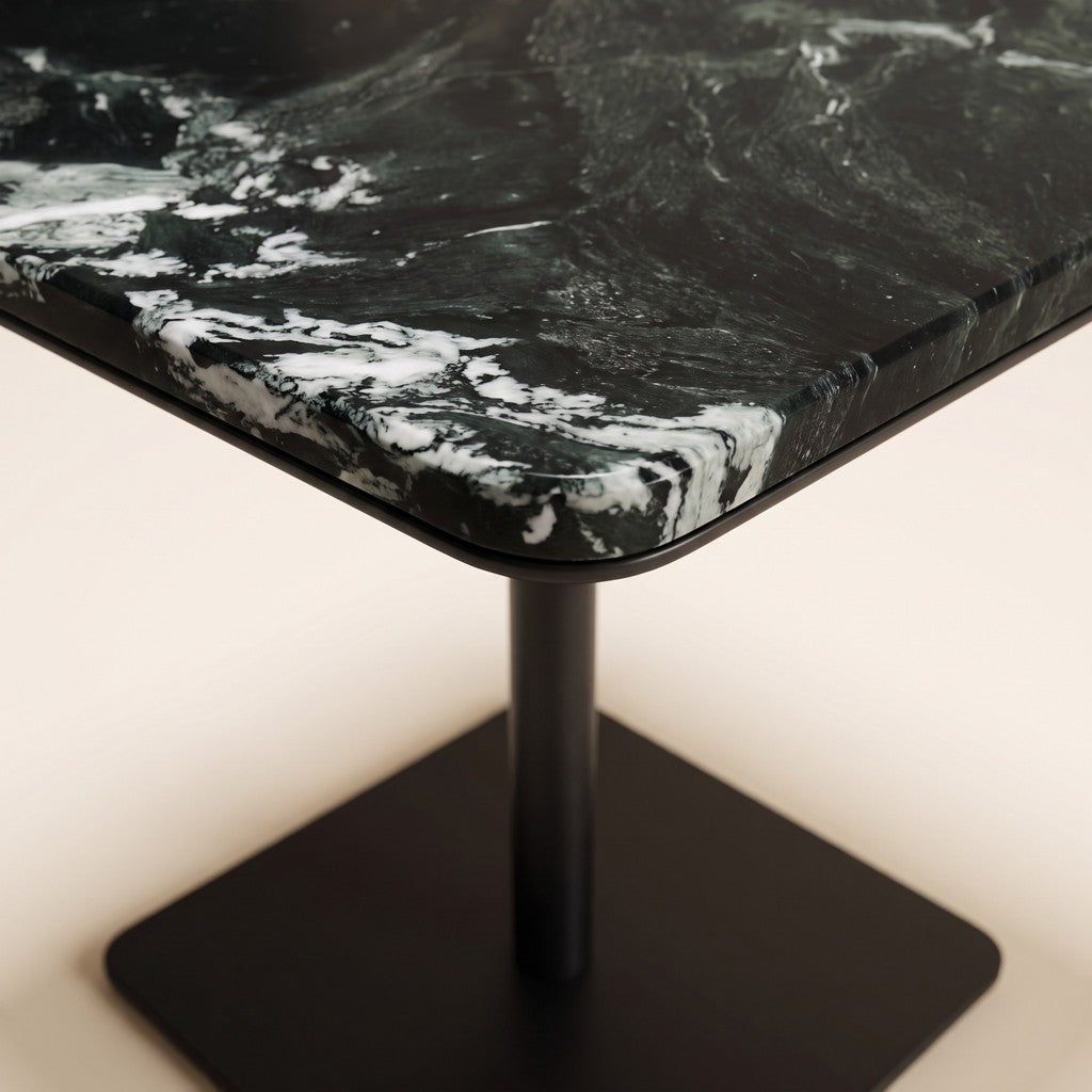 Square Dark Green Marble Side Table — Metal Pedestal, edge detail
