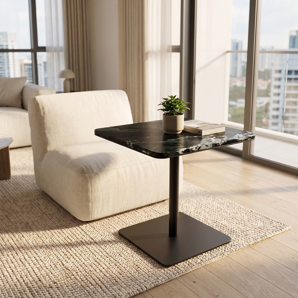 Square Dark Green Marble Side Table — Metal Pedestal, in a living room