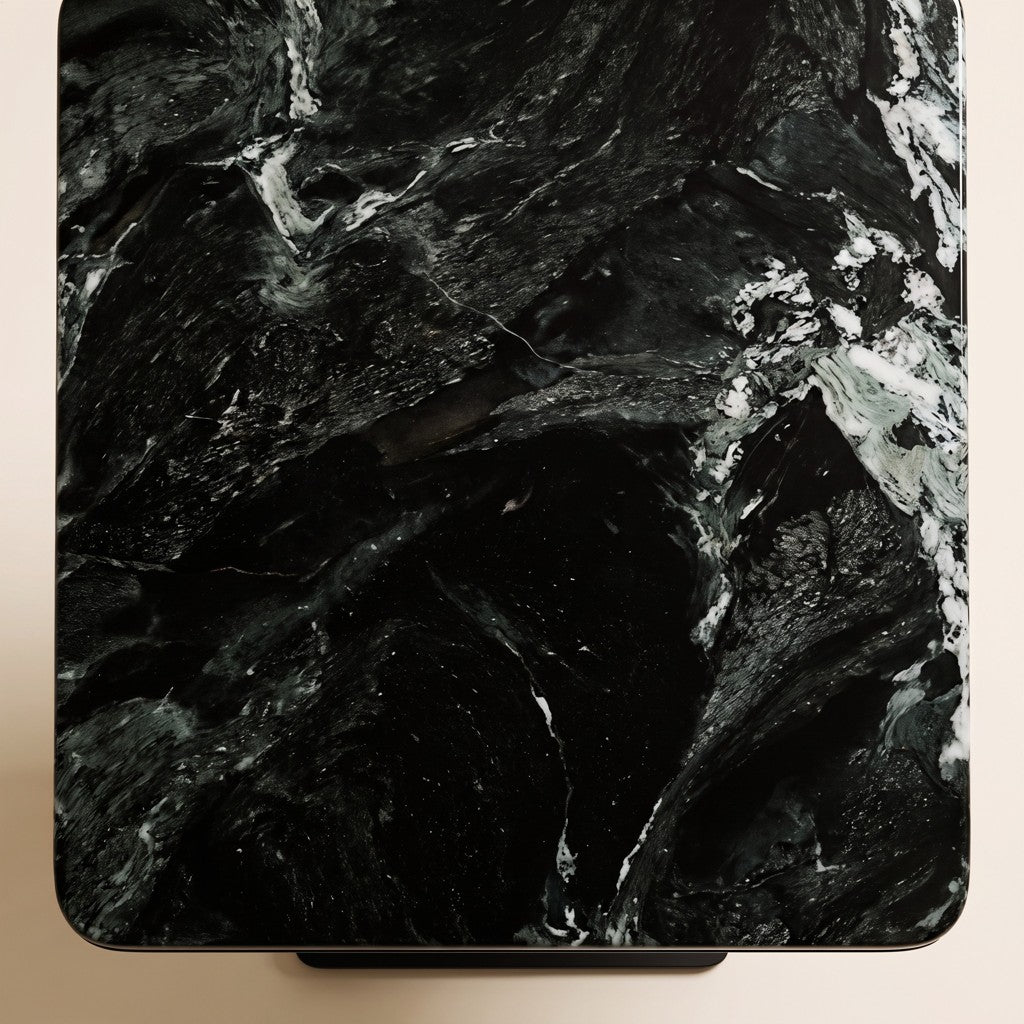 Square Dark Green Marble Side Table — Metal Pedestal: close-up of the stone surface