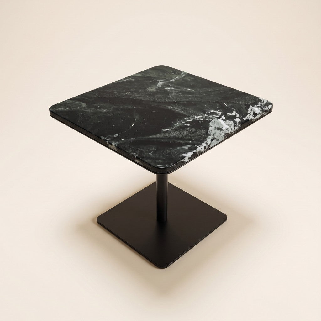 Square Dark Green Marble Side Table — Metal Pedestal, three-quarter view