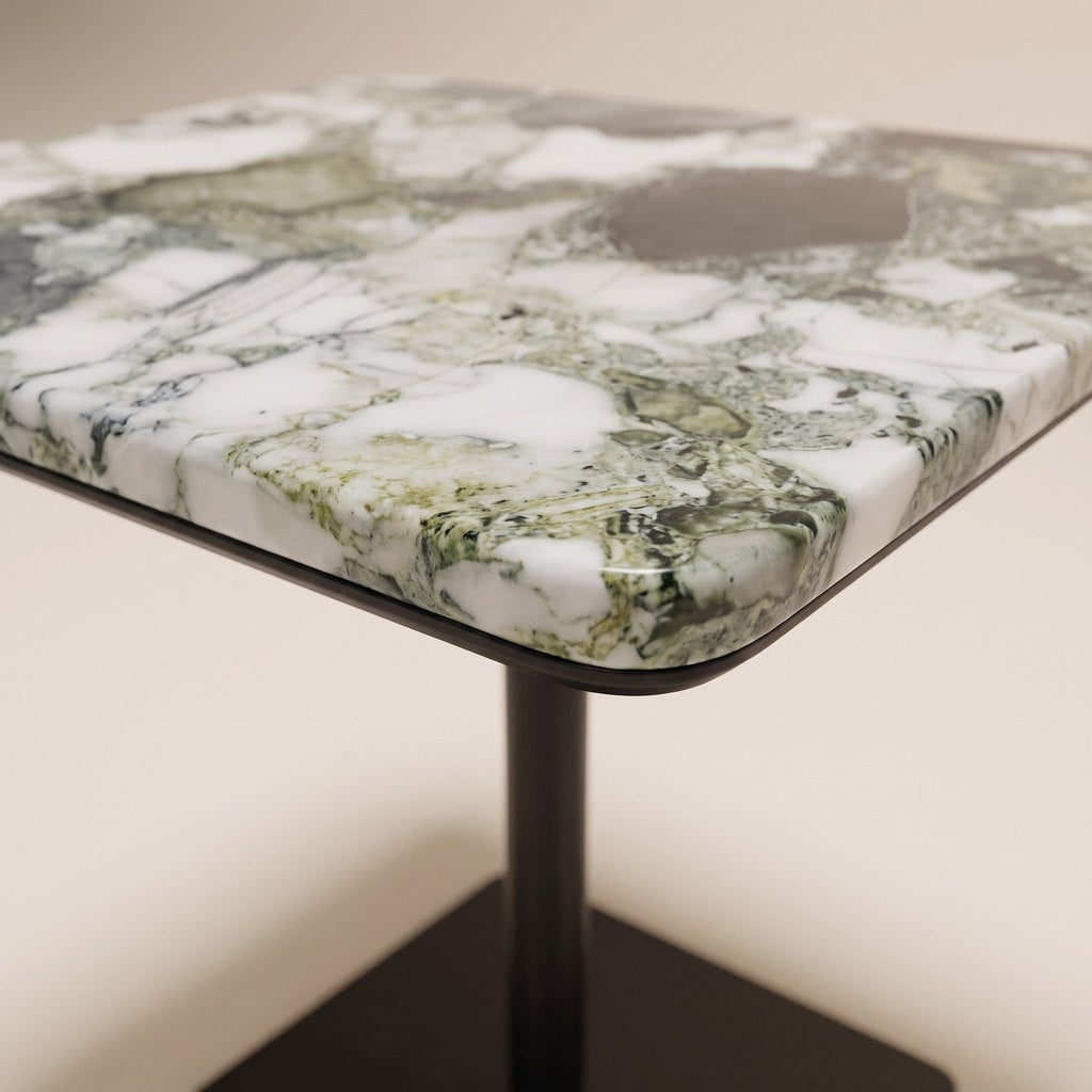 Square Green and White Marble Side Table, edge detail