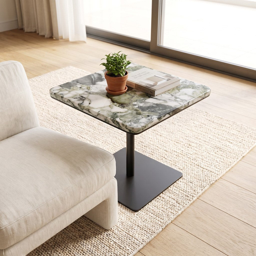 Square Green and White Marble Side Table in a living room