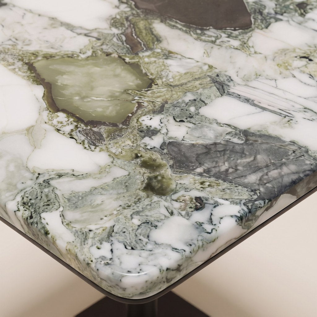 Square Green and White Marble Side Table: close-up of the green and white marble surface