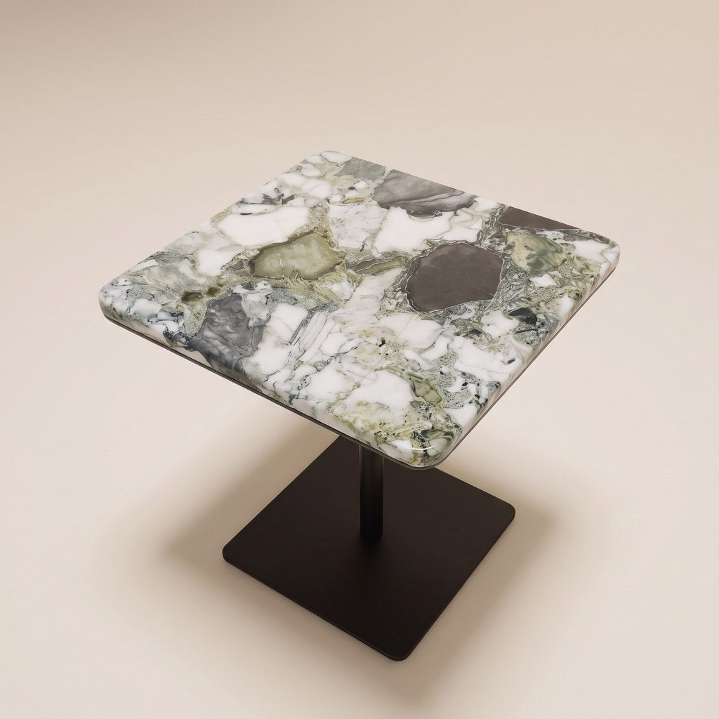 Square Green and White Marble Side Table, three-quarter view