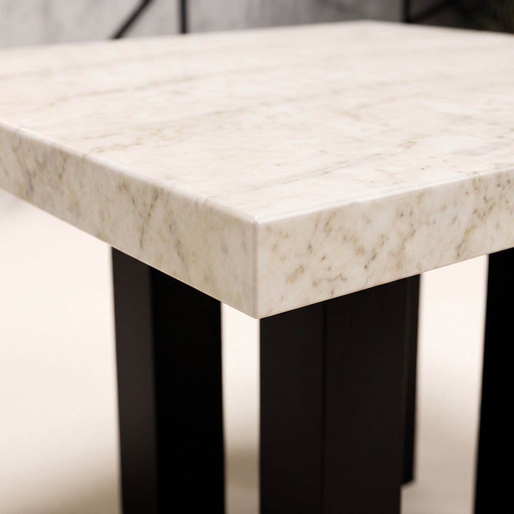 Square Metal-Leg Cream Stone Dining Table, edge detail