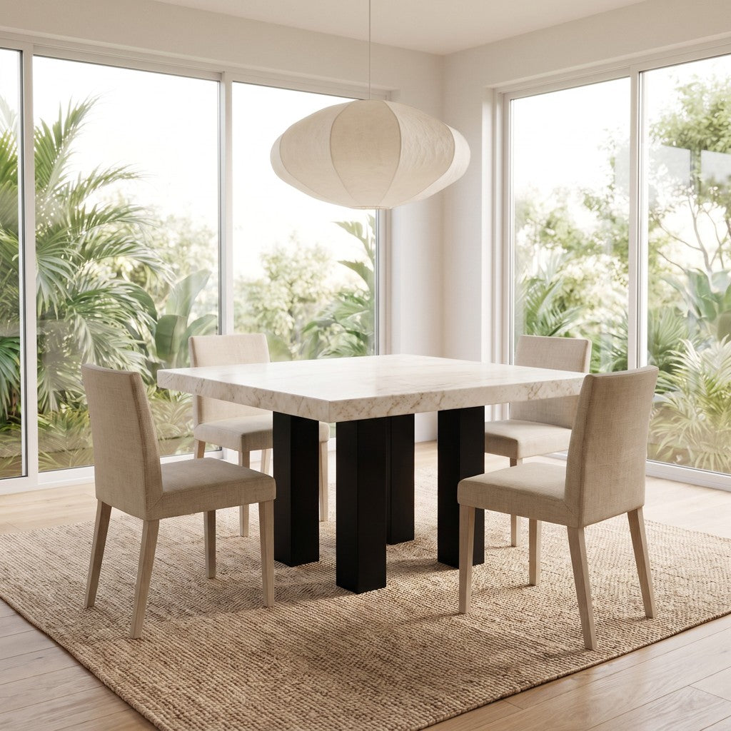 Square Metal-Leg Cream Stone Dining Table in a dining room