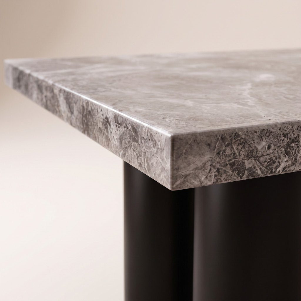 Square Metal-Leg Grey Stone Dining Table, edge detail