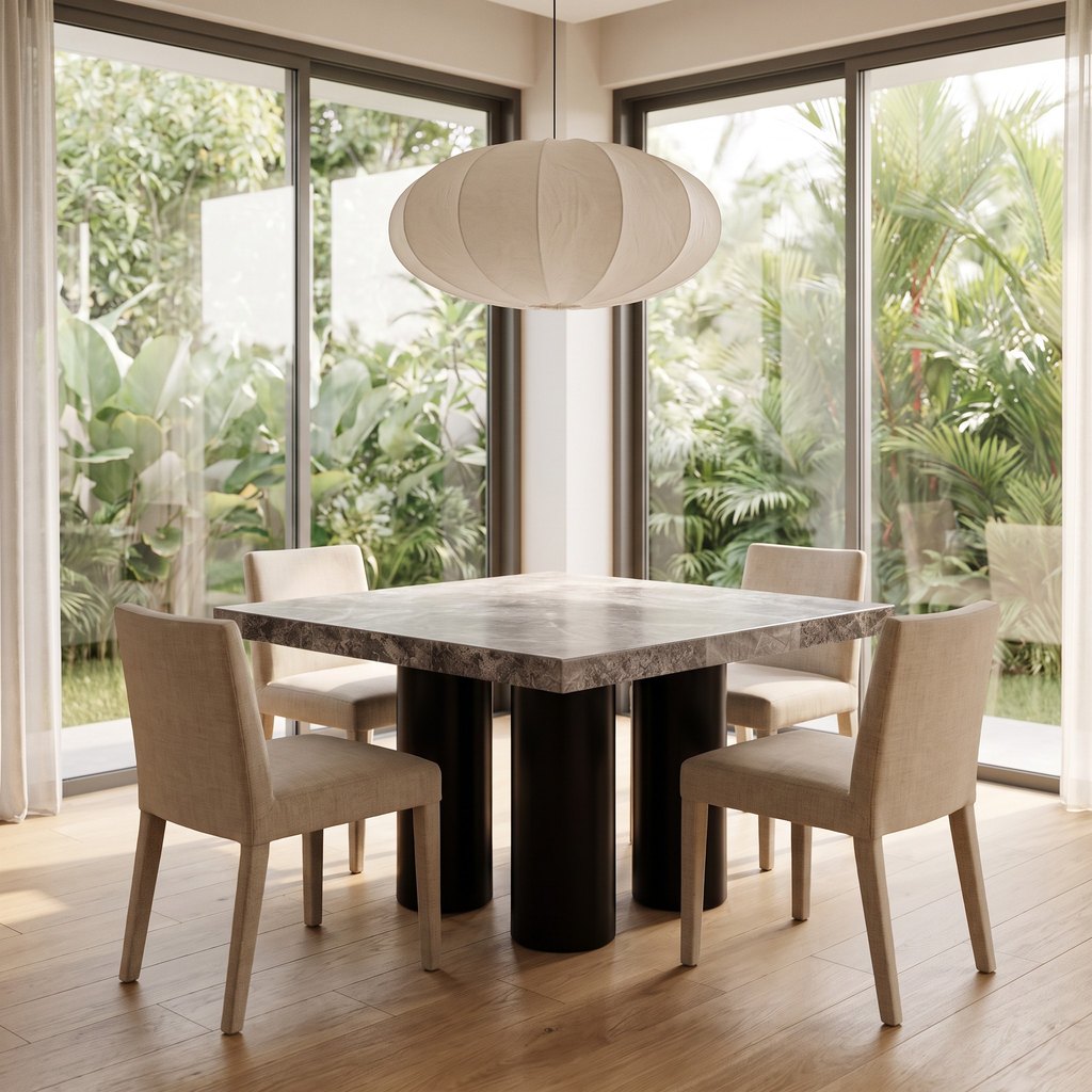 Square Metal-Leg Grey Stone Dining Table in a dining room