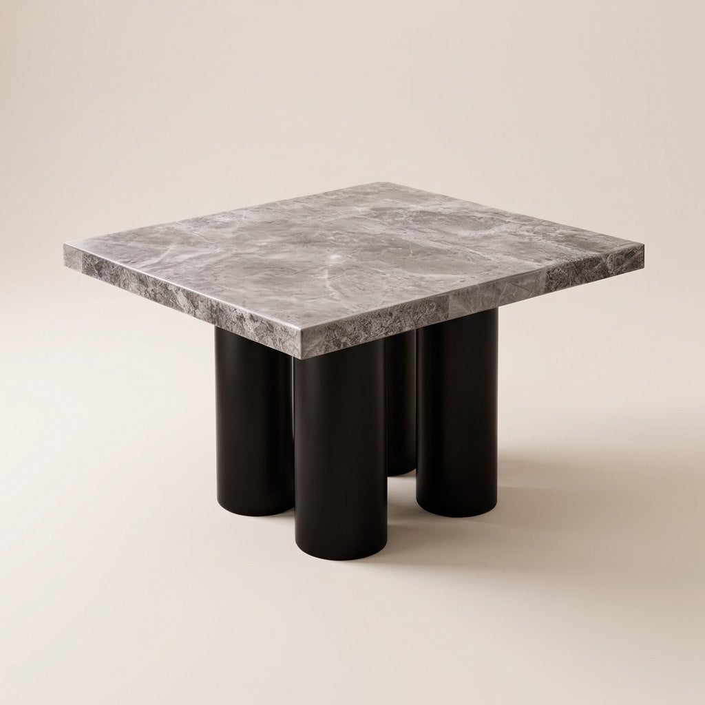 Square Metal-Leg Grey Stone Dining Table in grey veined stone, studio view