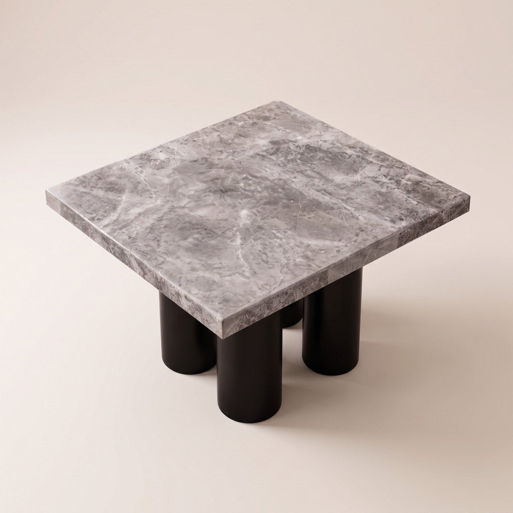 Square Metal-Leg Grey Stone Dining Table, three-quarter view