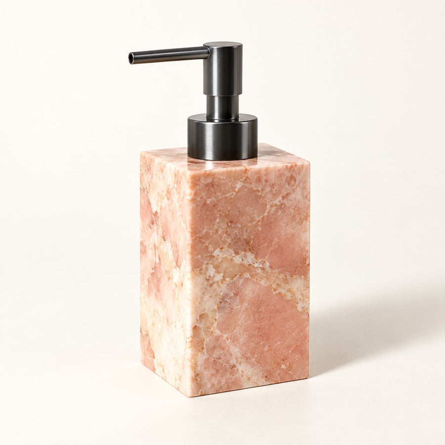 Square-Profile Liquid Soap Dispenser in Lolita Pink, studio view