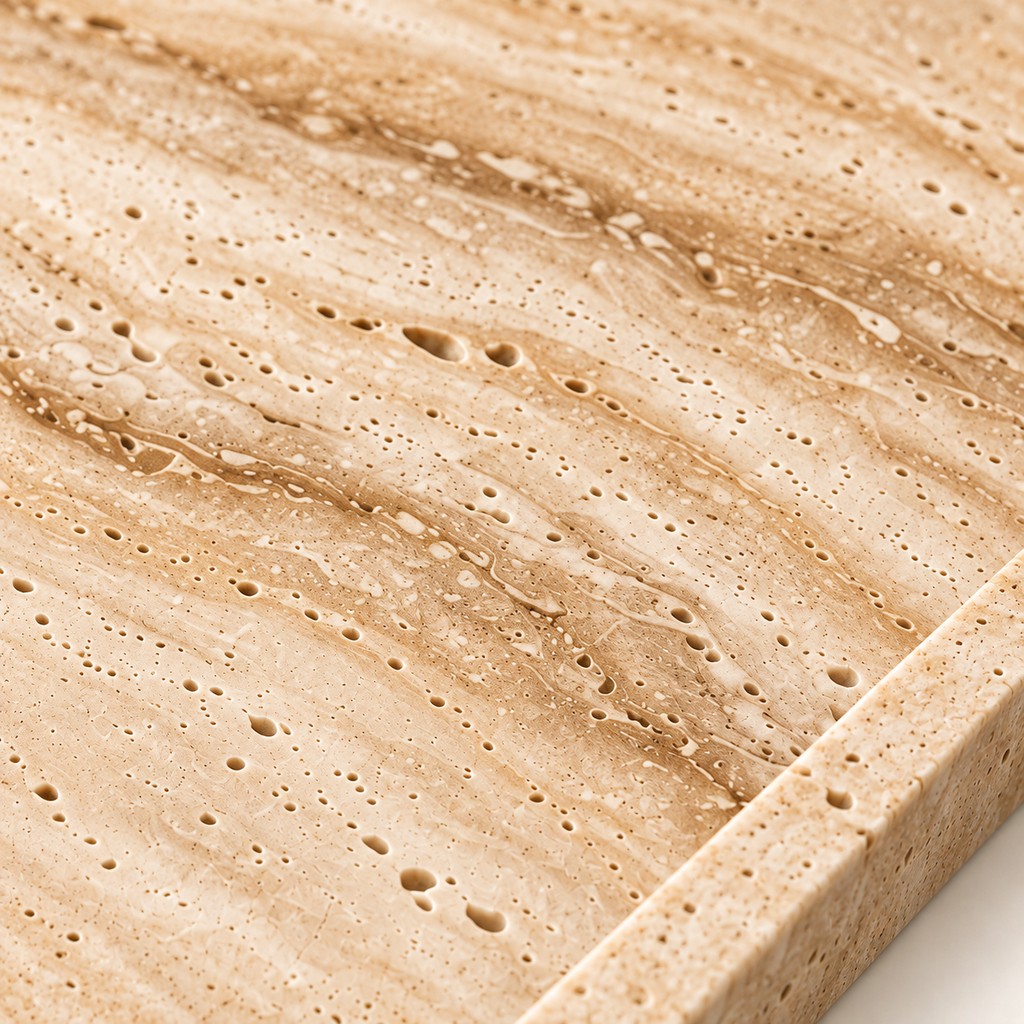 Square Tray — Raised Rim: close-up of the Beige Travertine surface