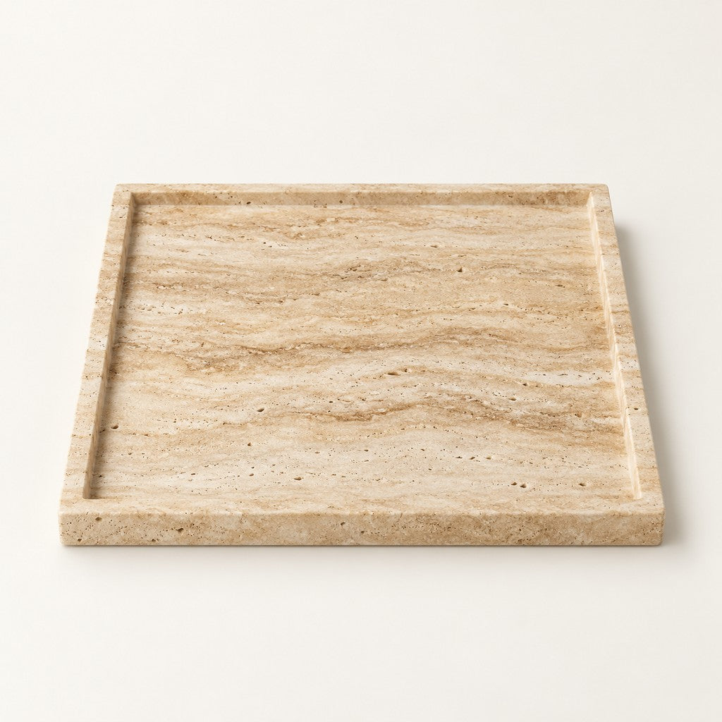 Square Tray — Raised Rim in Beige Travertine, studio view