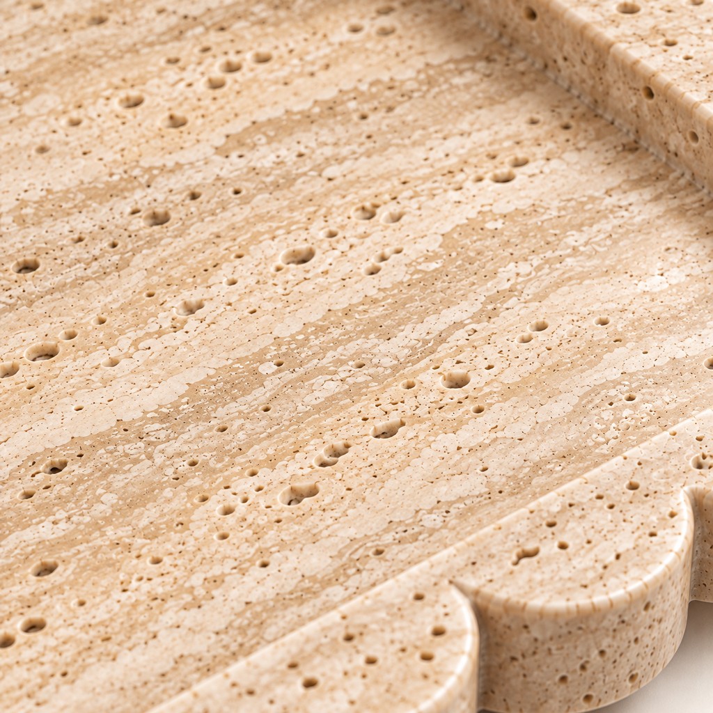 Square Scalloped Tray: close-up of the Beige Travertine surface