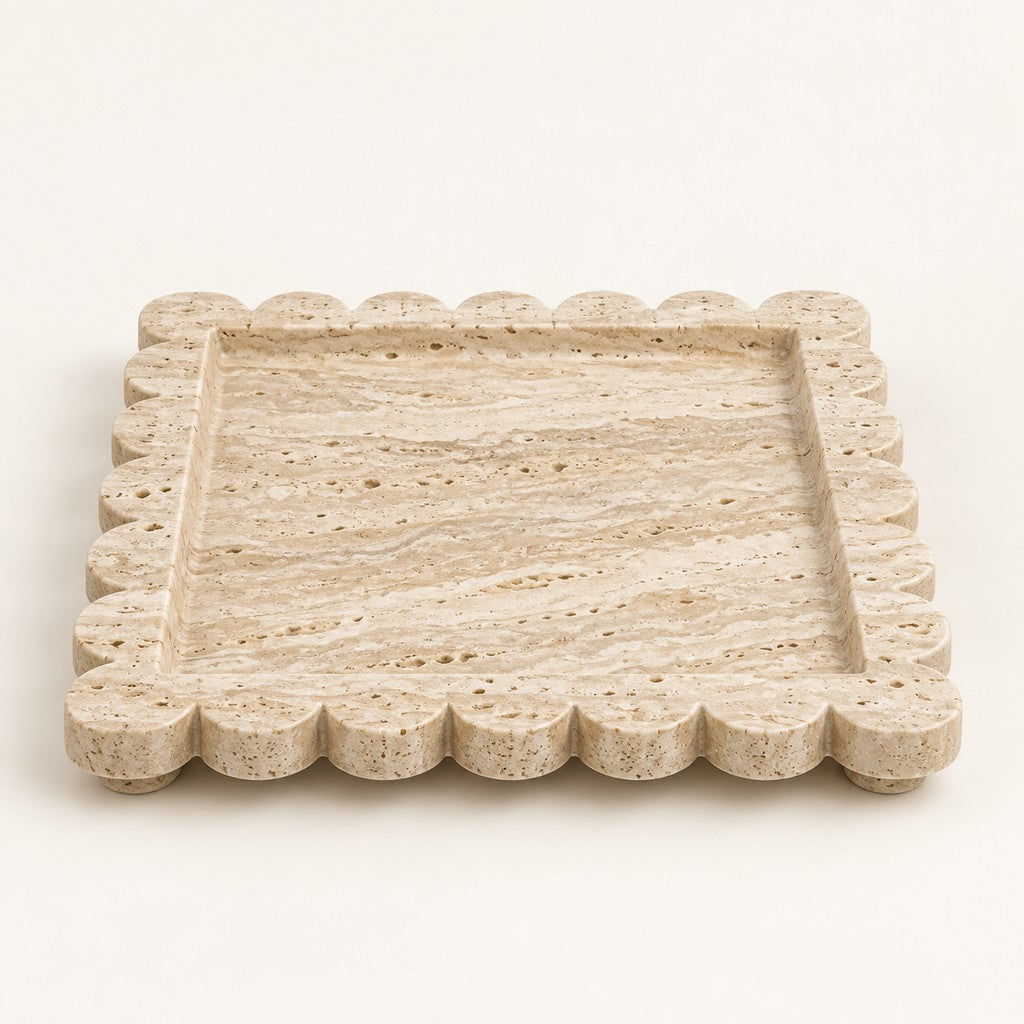 Square Scalloped Tray in Beige Travertine, studio view