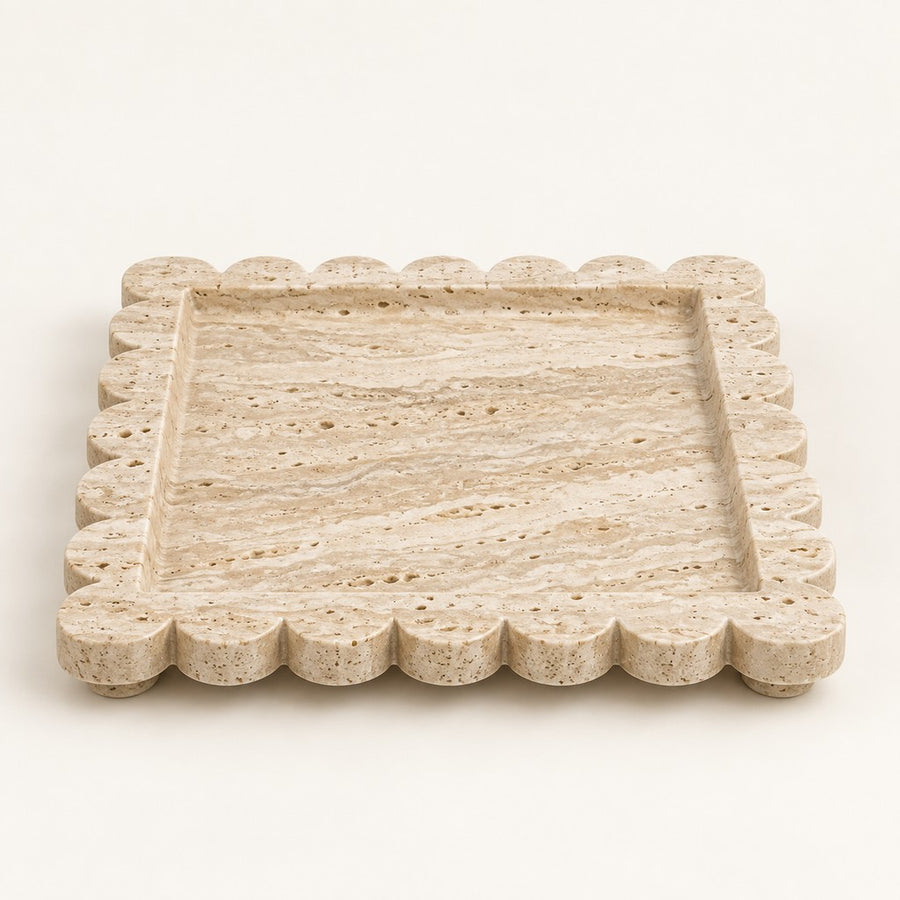 Square Scalloped Tray in Beige Travertine, studio view