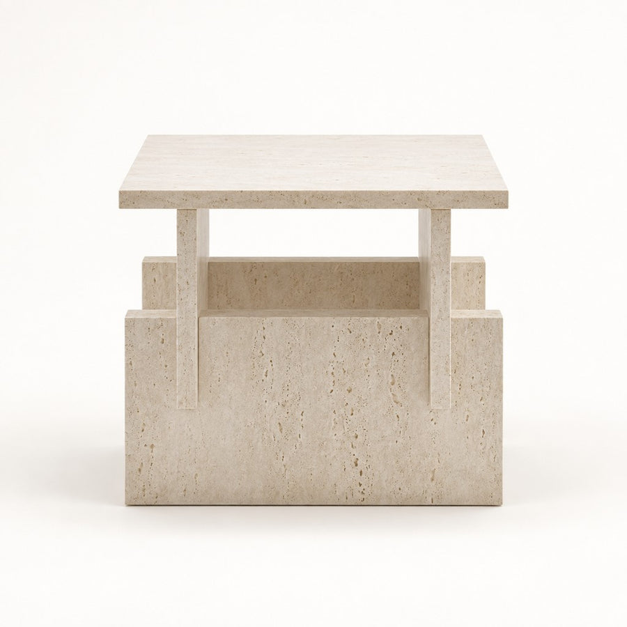 Square Travertine Coffee Table — 40 × 40 cm, beige travertine, studio view