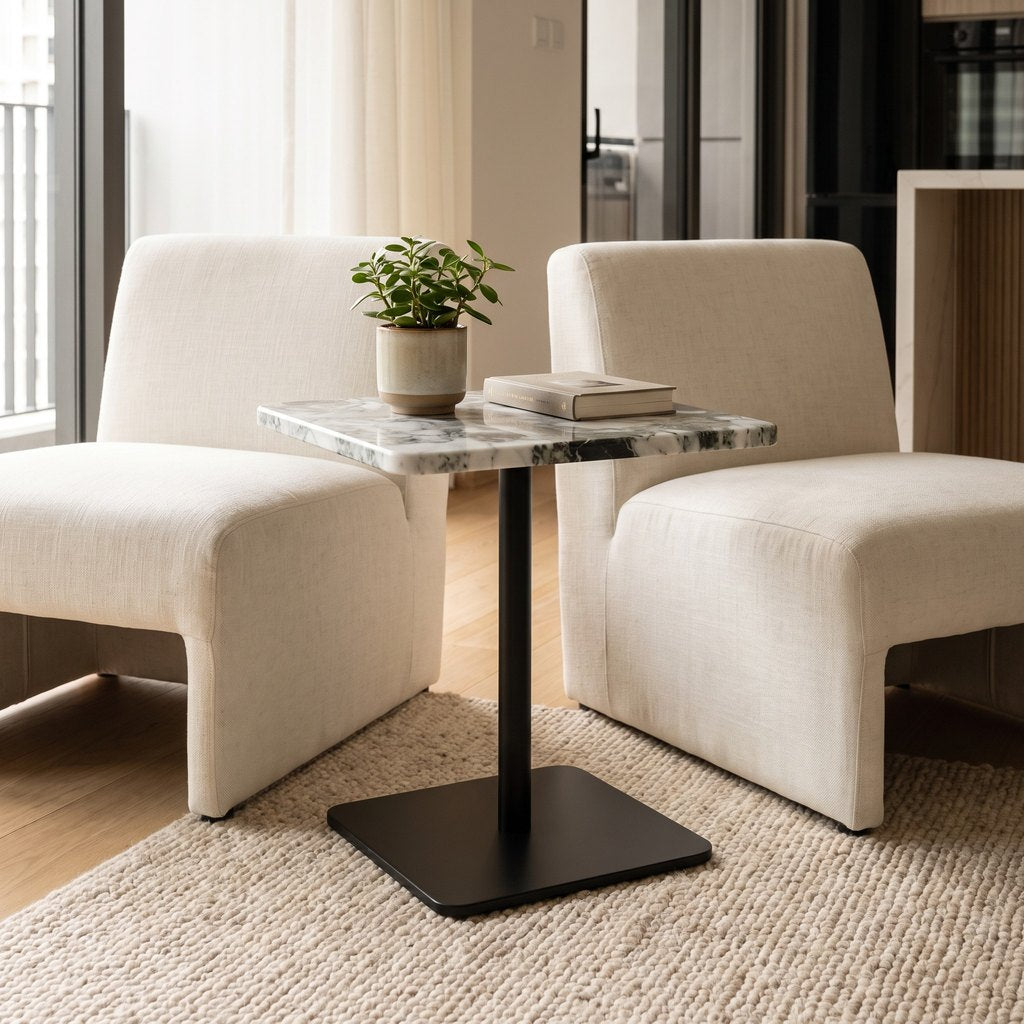 Square-Top Green-Veined Marble Side Table in a living room