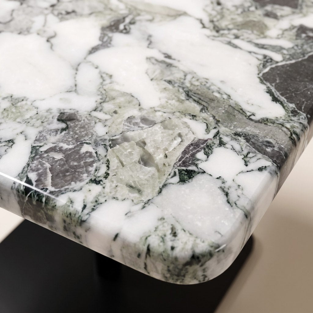 Square-Top Green-Veined Marble Side Table: close-up of the white marble surface