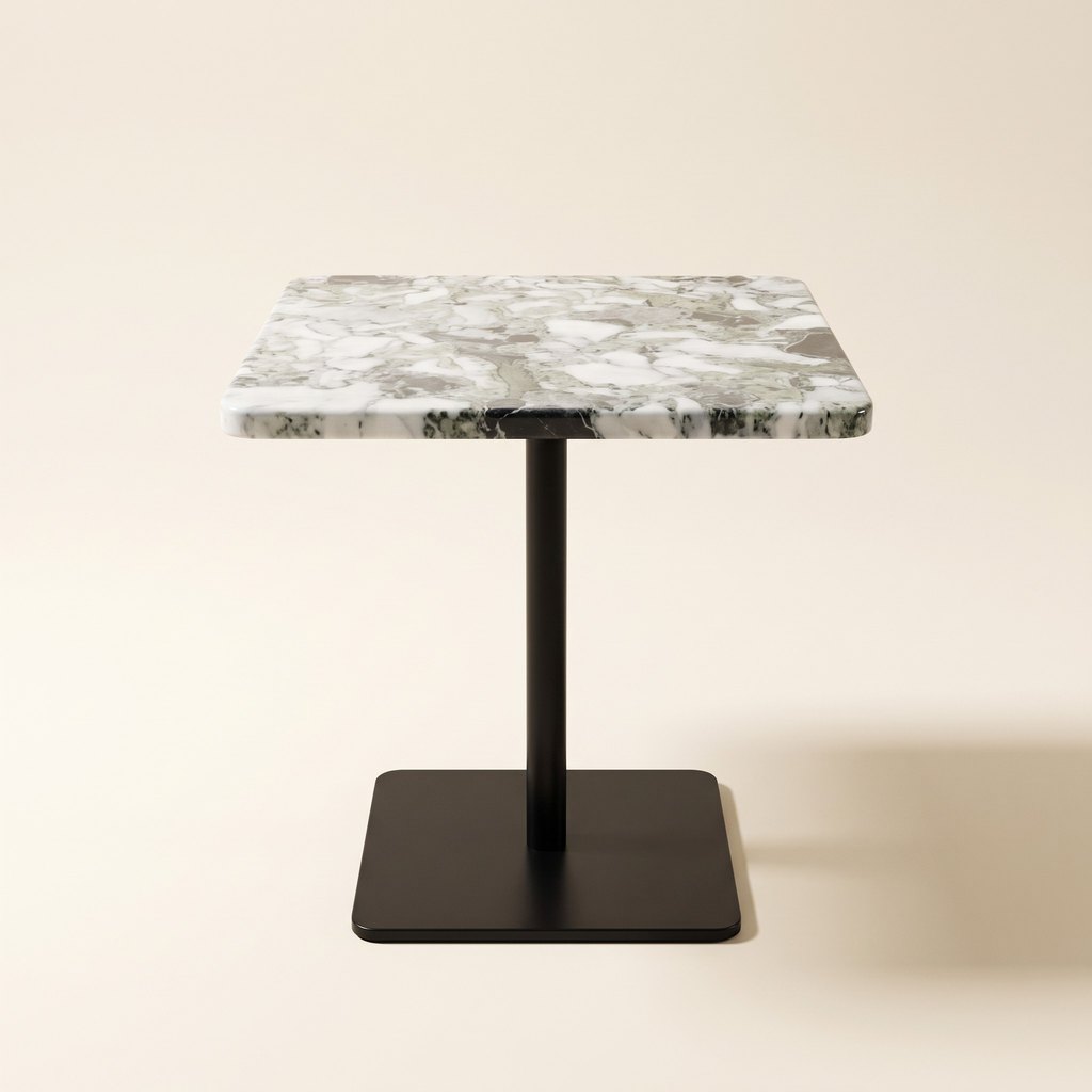 Square-Top Green-Veined Marble Side Table in white marble with green-grey veining, studio view