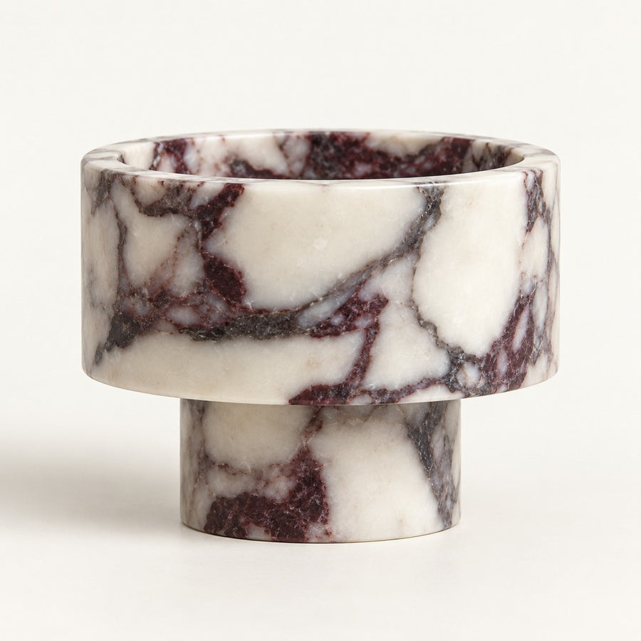 Stackable Pedestal Candle Holder in Calacatta Viola, studio view