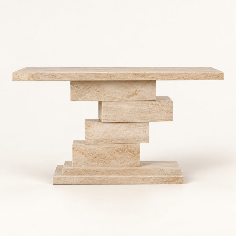 Stacked Rectangular Travertine Console, beige travertine, studio view