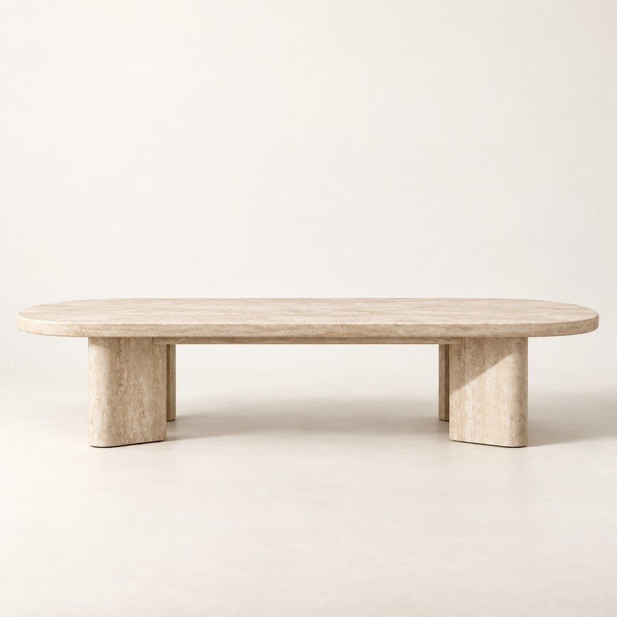 Travertine Coffee Table — 120 × 70 cm, beige travertine, studio view
