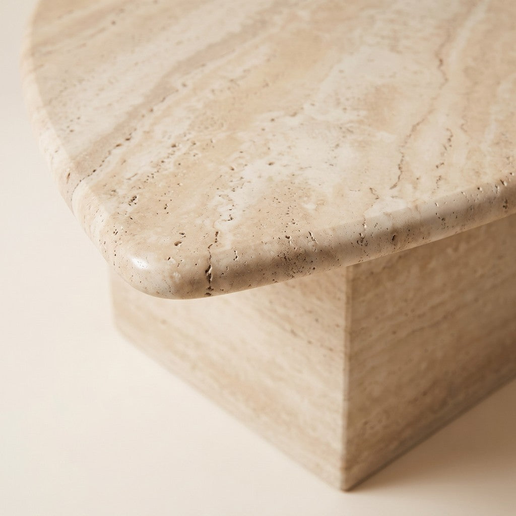 Travertine Coffee Table — 63 × 55 cm, edge detail