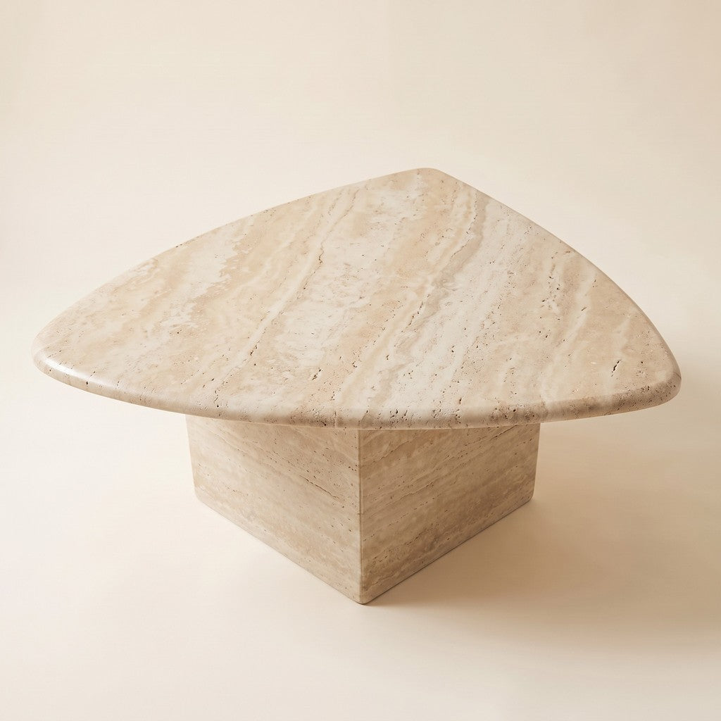 Travertine Coffee Table — 63 × 55 cm, three-quarter view