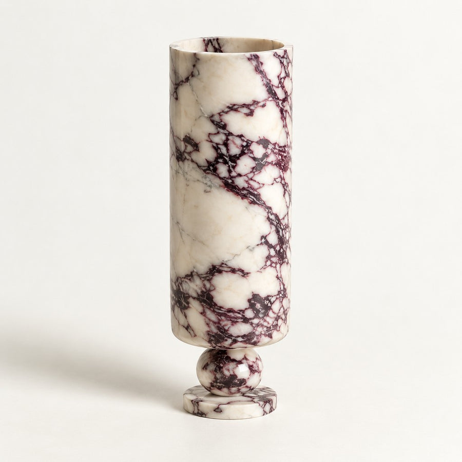 Tall Cylindrical Vase in Calacatta Viola, studio view