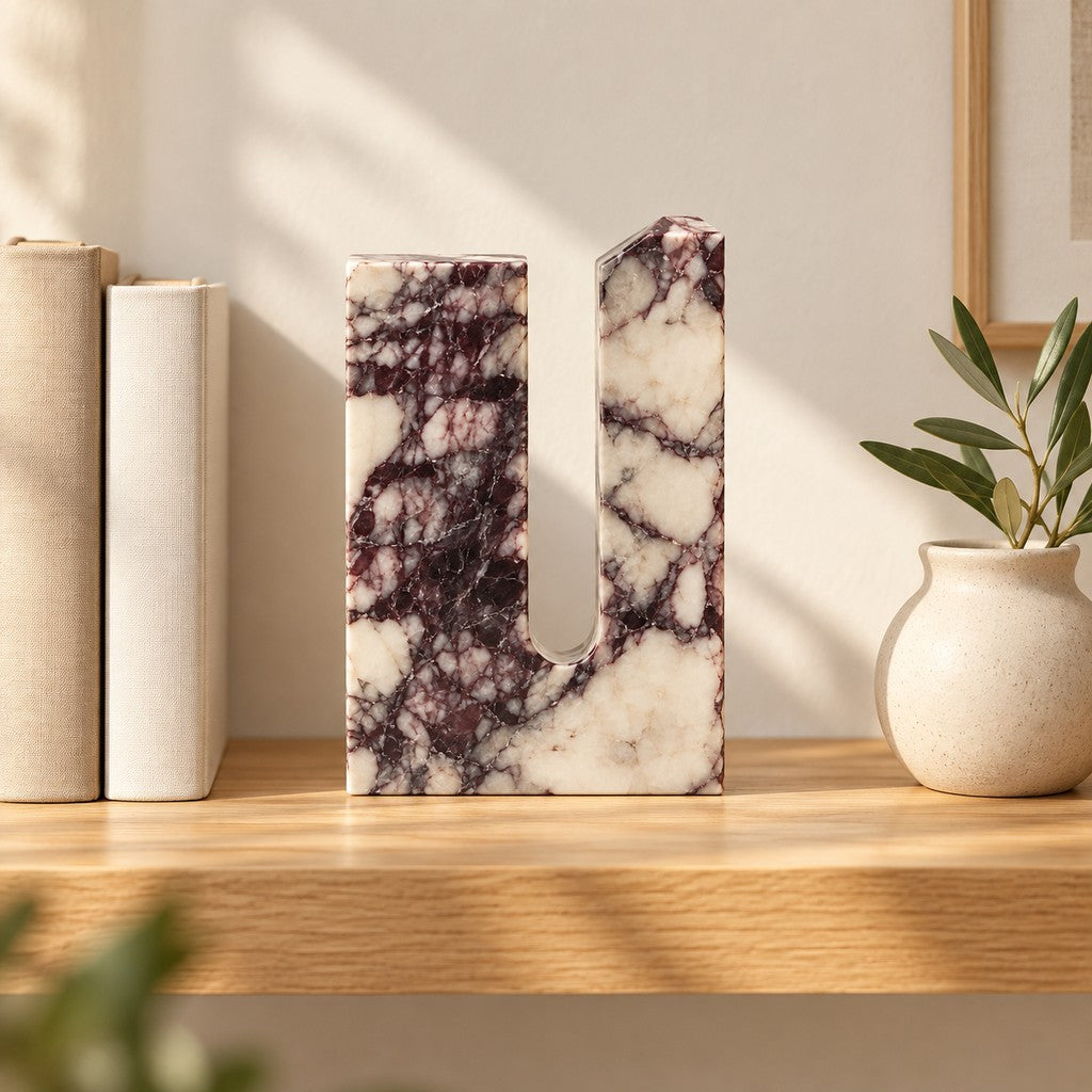 U-Cut Geometric Stone Ornament on a wooden shelf