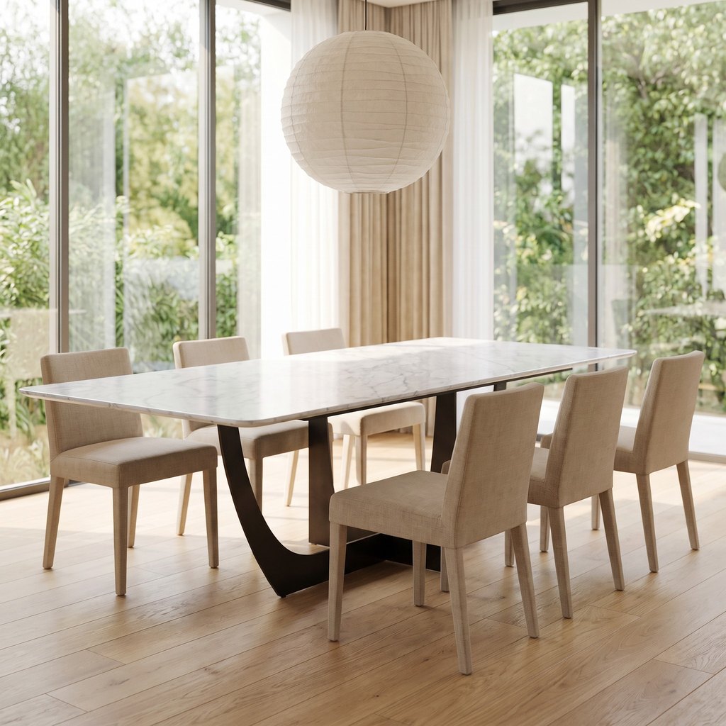 U-Leg Carrara Marble Dining Table in a dining room