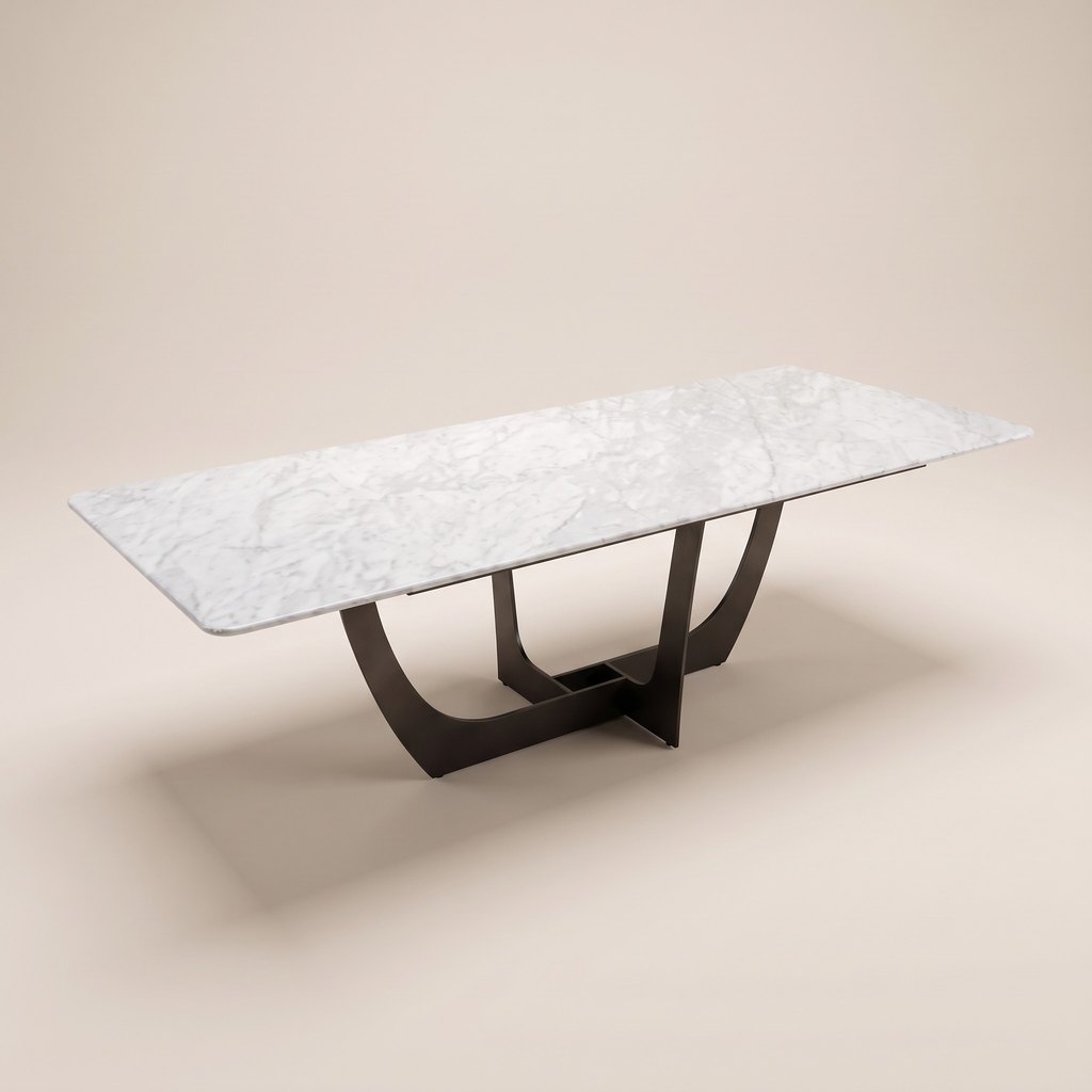 U-Leg Carrara Marble Dining Table, three-quarter view