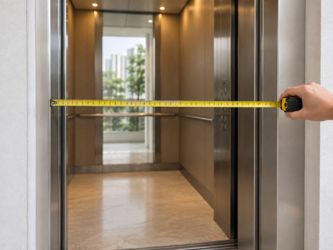A tape measure held across the opening of a residential lift
